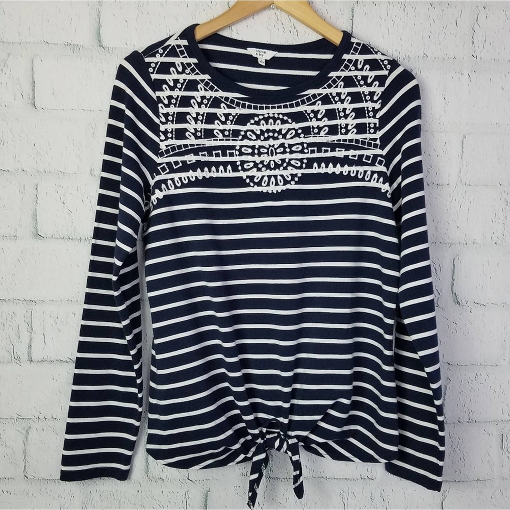 Crown & Ivy Womens Embroidered Striped Nautical Boho Tie Front Top Small